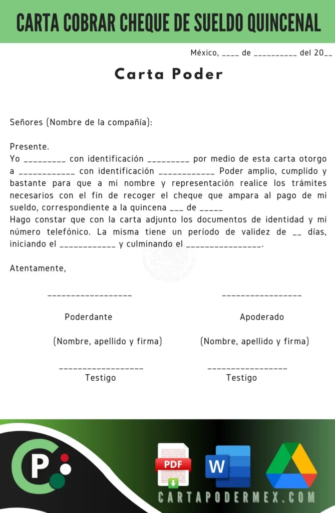 carta poder cobrar cheque de sueldo quincenal