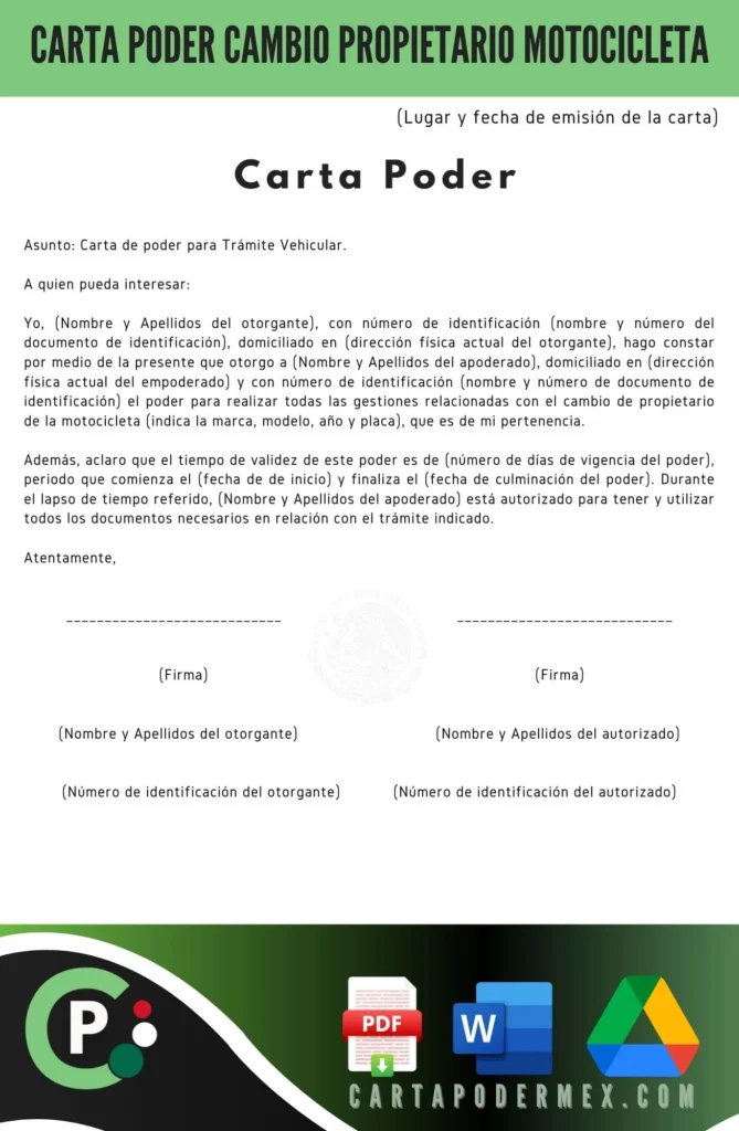 carta poder para cambio de propietario de motocicleta