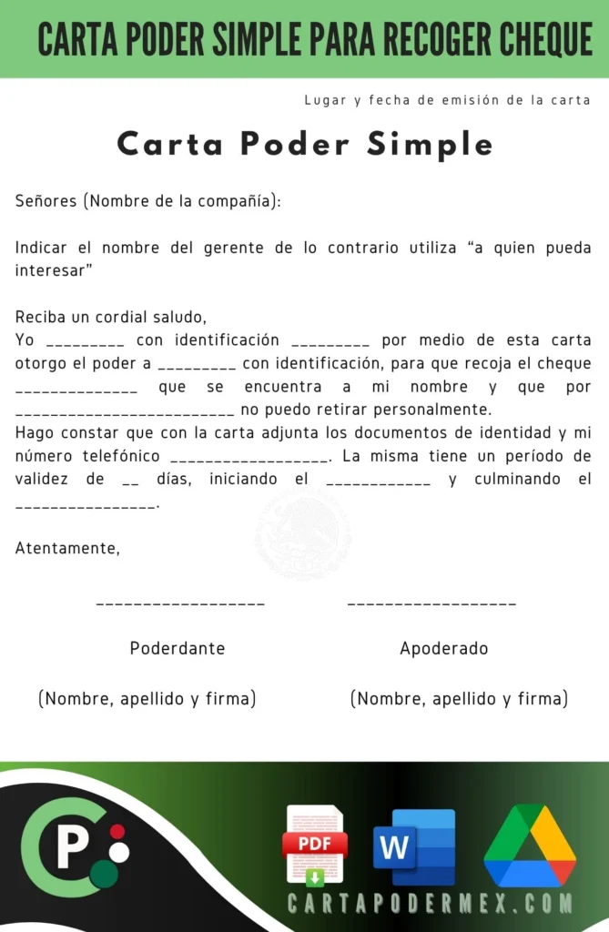 carta poder simple para recoger cheque